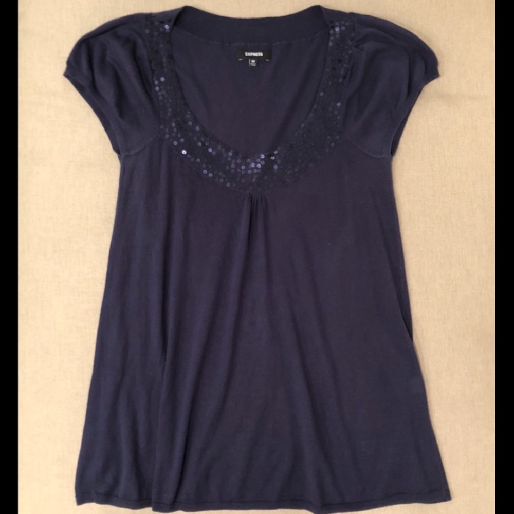 Express - Navy Short-Sleeve Top With Sequence - image 1
